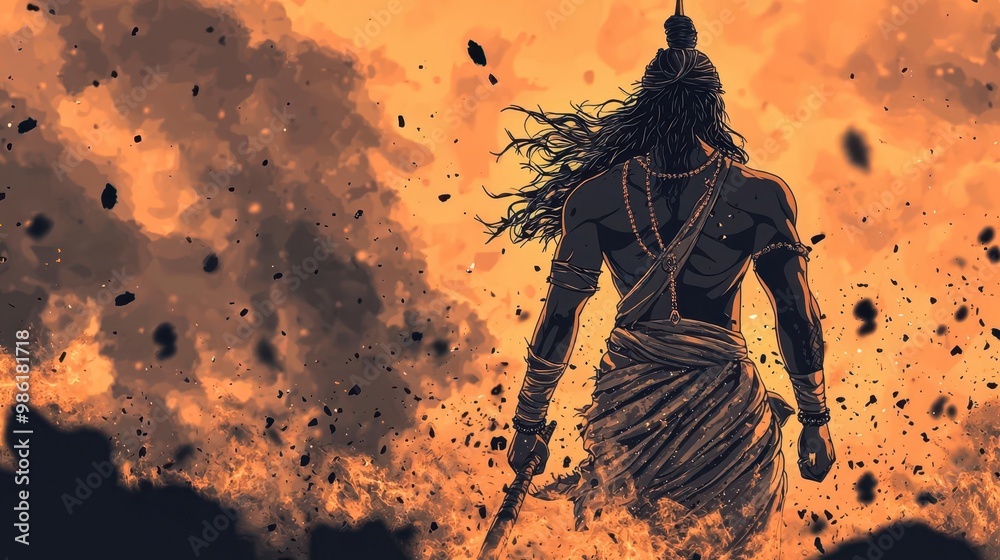 Shiva with his long hair flowing in the wind, standing on a battlefield ...
