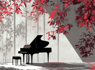 Sticker - Black Piano Underneath a Red Leaves Tree