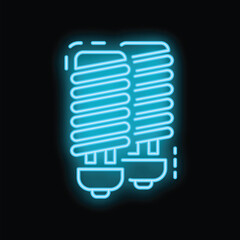 Poster - Blue neon icon of two fluorescent light bulbs glowing on black brick wall background