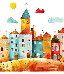 Poster - Watercolor Illustration of a Small Town with Colorful Houses and a Sunny Sky