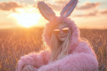 Funny bunny girl in a pink fur coat and sunglasses on the field at sunset with generative ai