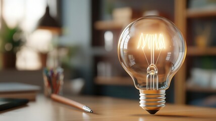 Light bulb glowing on a wooden desk with a pencil and books in the background.