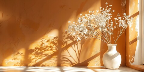 Canvas Print - White Dried Flowers in a Vase Against a Yellow Wall