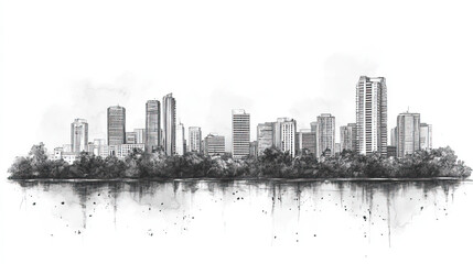 Ciudad Guayana, Venezuela, black and white pen pencil hand-drawn effect drawing illustration for travel poster, card, wallpaper, backdrop or banner. Modern, clear, artistic and simple