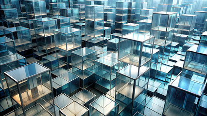 Wall Mural - Hyper-detailed rendering of glass cubes in futuristic cityscape, futuristic, cityscape, rendering,glass, cubes, city