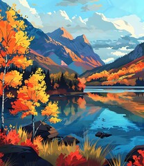 Wall Mural - Autumn Landscape With Mountains And A Lake