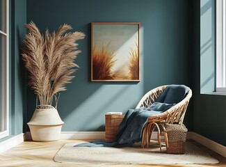 Wall Mural - Boho Chic Living Room Interior Design With Wicker Chair And Pampas Grass