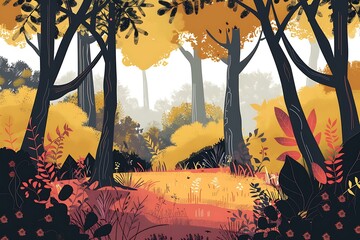 Sticker - Autumn Forest Illustration With Yellow And Red Leaves