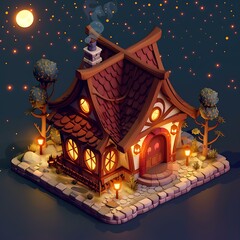 Poster - Night Sky and Cozy Cottage 3D Illustration