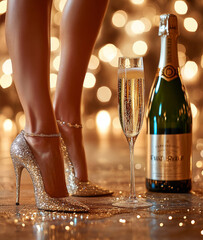 Sparkling Celebration: A glamorous close-up of a woman's legs in sparkling heels, a bottle of champagne, and a glass, all set against a backdrop of shimmering lights.