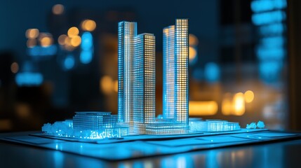 Illuminated model of a skyscraper complex.