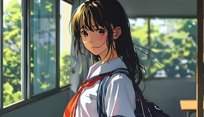 Wall Mural - Japanese anime-style portrayal of a high school girl in a stylish uniform