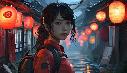 Dimension-crossing modern girl in Japanese game concept art style, showcasing vibrant colors and imaginative landscapes