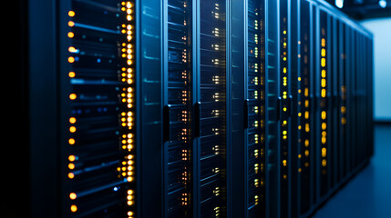 modern data technology center with rows of server racks in a dark room, illuminated by LED lights The scene showcases the power and complexity of data storage