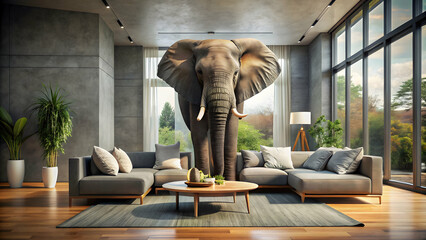 An elephant standing majestically in a modern living room setting, elephant, living room, interior design, large animal