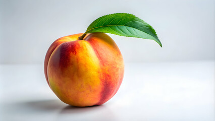 Peach with a green leaf isolated on background, peach, fruit, fresh, ripe, juicy, sweet, delicious, food, healthy, organic