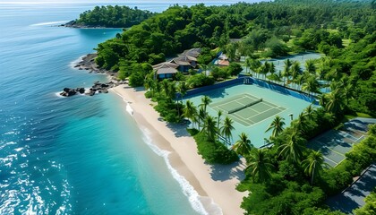 Wall Mural - Aerial perspective of a vibrant tropical beach resort with a tennis court adjacent to the sparkling blue ocean