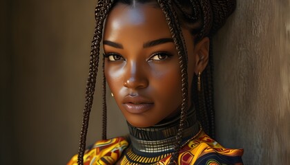 Wall Mural - Afrofuturistic Portrait of a Woman with Braids and Vibrant Costume