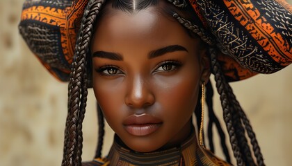 Wall Mural - Afrofuturistic Portrait of a Woman with Braids and Vibrant Costume