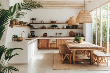 Poster - A tropical inspired kitchen featuring white walls, natural colors, and inviting wooden decor in a light-filled space perfect for culinary creativity