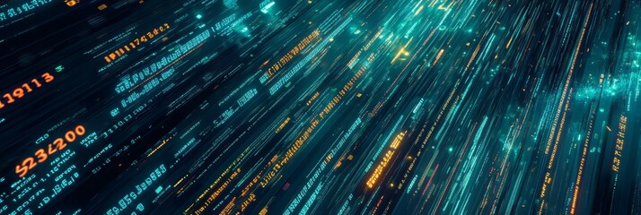 Poster - High-speed digital data lines with streaming code and numbers. Ideal for illustrating data transmission.
