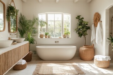 Poster - Discover the serene beauty of a tropical-inspired bathroom featuring natural colors, white walls, and lush greenery, perfect for relaxation and rejuvenation