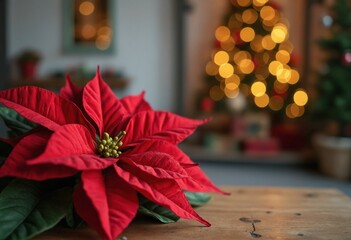 close-up shot of a poinsettia resting on a wooden table, background of a house decorated for christm