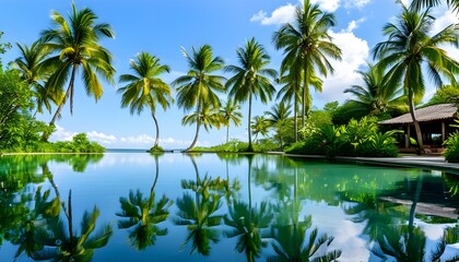 Wall Mural - Tropical resort oasis featuring lush greenery and tranquil pools mirroring palm trees under clear blue skies