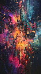 Poster - Colorful glitchy digital artwork featuring bright pinks, purples, and blues with a city-like structure. Energetic patterns and abstract forms convey digital transformation.