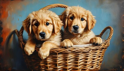 Wall Mural - Charming Oil Painting of Golden Retriever Puppy Nestled in a Cozy Basket