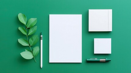 Poster - Luxury brand stationery identity mockup featuring decorative elements, forest green background, geometric pop art style, top view design, clean aesthetics, and shadow overlay.