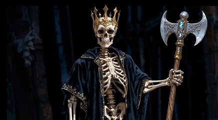 Drawing illustration of a skeleton king wearing a crown, a dark robe, and holding a big axe.