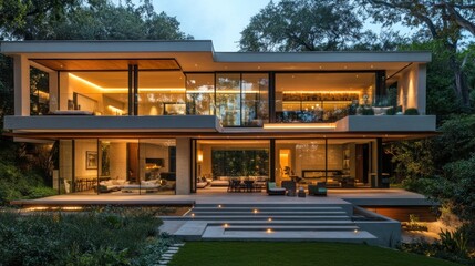 Modern home with large windows and outdoor patio illuminated at dusk.