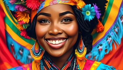 Sticker - Vibrant Portrait of Black Woman with Colorful Decorations Showcasing Lively Expression and Joyful Smile