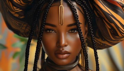 Wall Mural - Afrofuturistic Portrait of a Woman with Braids and Vibrant Costume