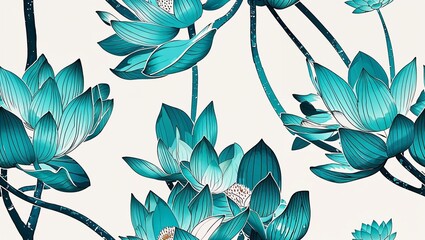 Aqua lotus leaves brushstroke fade seamless plain white background design