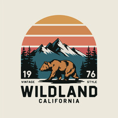 outdoor adventures. mountains touristic logo or emblem design template with bear vintage illustratio