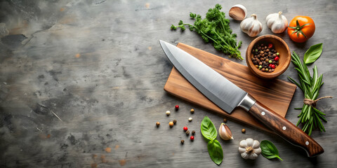 Stainless steel knife with wooden handle on table with ingredients, concrete background, knife