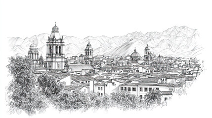 Cusco, Peru, black and white pen pencil hand-drawn effect drawing illustration for travel poster, card, wallpaper, backdrop or banner. Modern, clear, artistic and simple