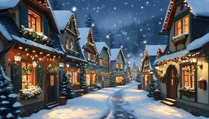 Wall Mural - Charming winter village street adorned with snow, twinkling lights, and traditional European architecture