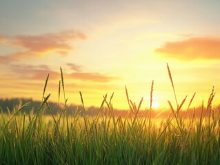 Serene sunrise illuminates a field of grass on a peaceful morning in nature