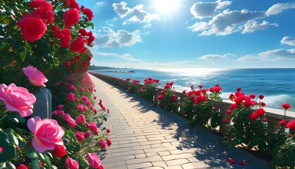 vibrant roses in full bloom along a sunny beach promenade, enhancing the coastal charm with their colorful presence