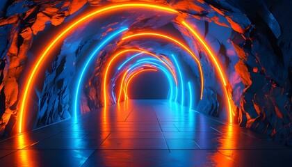 Wall Mural - Vibrant abstract neon tunnel with dynamic orange and blue laser rays creating a futuristic atmosphere