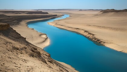 Wall Mural - Tranquil blue river winding through arid desert landscape under bright skies and rugged rocks