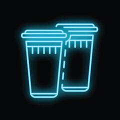 Canvas Print - Blue glowing neon sign representing two plastic cups with straws for cold drinks, ideal for bar or restaurant business