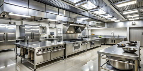 Industrial kitchen interior with stainless steel appliances and workstations, industrial, kitchen