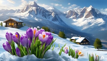 Wall Mural - Springs Awakening: Crocuses Blooming Through Melting Snow Against Majestic Mountains and Cozy Cabins