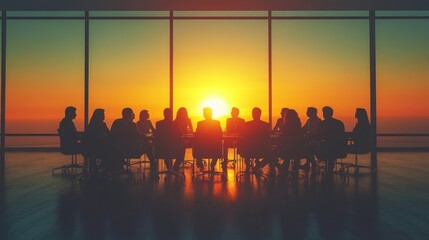 Silhouettes of business people sitting at a table in a conference room with a sunset view.