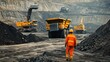 © B 7 YOU - A worker in orange overalls walks past a large yellow dump truck in a coal mine.
