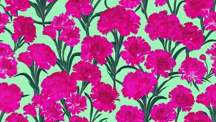 Wall Mural - Neon pink carnations sharp lines seamless plain white background design